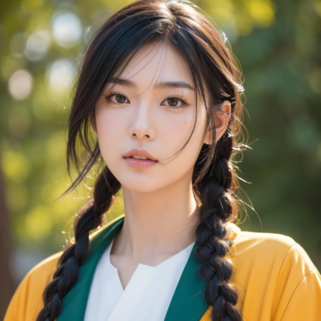 a tall japanese young man with fair complexion, black hair styled in mullet with longer ends tied in braid, green eyes, wearing colored glasses, orange varsity jacket with samue, detailed portrait, (best quality,4k,8k,highres,masterpiece:1.2),ultra-detailed,(realistic,photorealistic,photo-realistic:1.37),studio lighting,vivid colors,extremely detailed eyes and face,longeyelashes,portrait