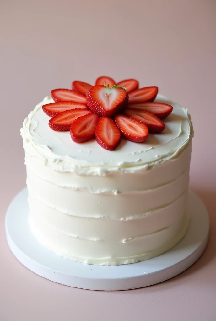 Birthday cake with smooth whipped cream frosting and minimalist decoration of strawberries cut with ferreiro roche
