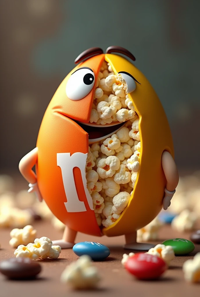 i want to make an m&m but with popcorn, so it's like the popcorn is inside the m&m and it's like bitten in half and the left side is the m&m shell and the right side is the popcorn but you can see them in like a distance only one popcorn