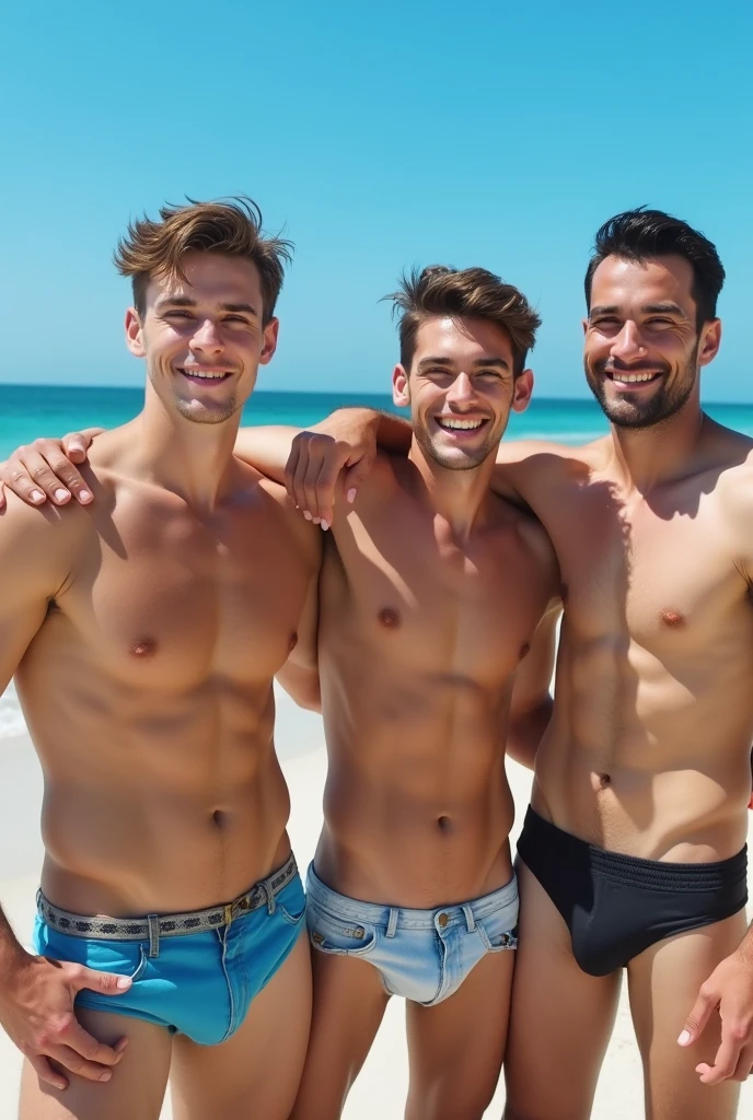 tres hombres jóvenes lindo piel blanco alto flaquito bello rostro piel suave  y atractivos standing on the beach, Naked Big Penis The picture shows three young and attractive men, one with arm around the other&#39;s shoulder, standing on the beach. and they seem to be proud of their bodies. The man on the left is smiling at the camera, while the other two look away. There is a beach with blue water behind them, as well as a clear blue sky, which gives the image a relaxed and sunny atmosphere. The image has a sensual and playful tone, and celebrates male beauty. Young handsome tall white man