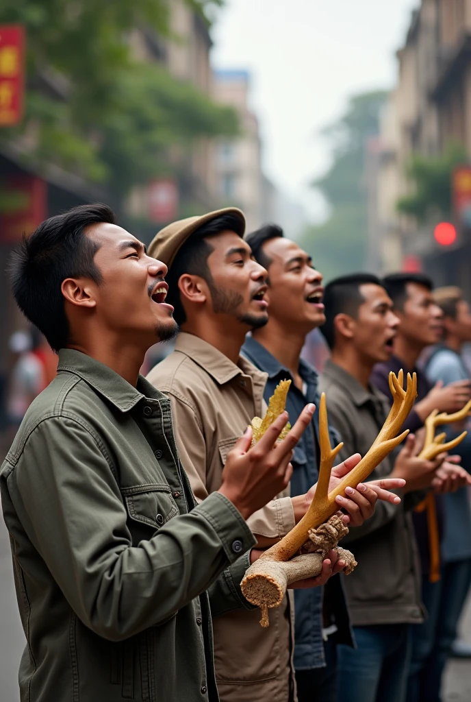 A group of young Vietnamese men singing in the middle of the street, holding ginseng and deer antler
