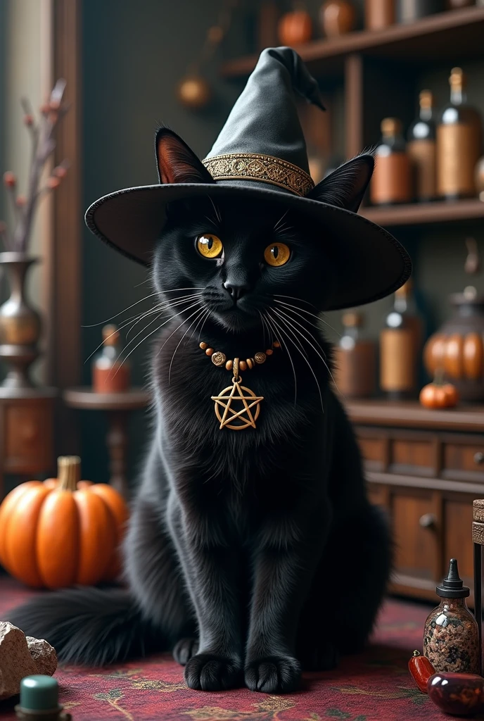 a cute black cat with witch hat, in the style of hyper detailed photorealistic imagery, dark grey and black, edgy pop art, wiccan artifacts, hat, witch hat, no people, cat, black cat, animal, animal focus, pumpkin, indoors, black headgear, bottle, bottle of magic, big bottles and small bottles, Witch Stones, Witches Items, Magic Herbs,hyper-detailed,ultra-realistic, 8k,ultra-realistic, hyper-detailed, 32k uhd, (Background is Luxury Witch Room and Magic Room) Necklace hexagram