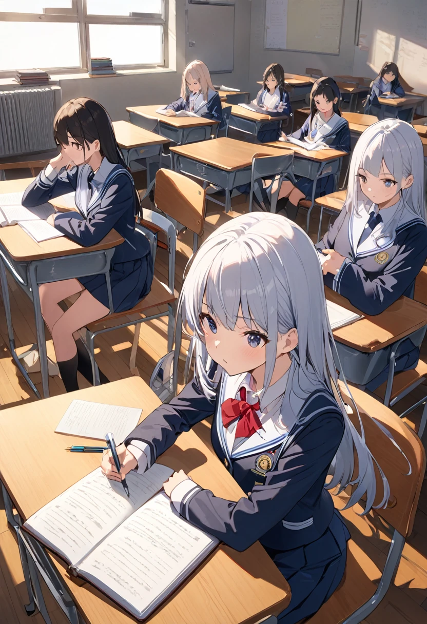 woman,girl,student,uniform,study,class,classを聞いている,School,machine,Chair,