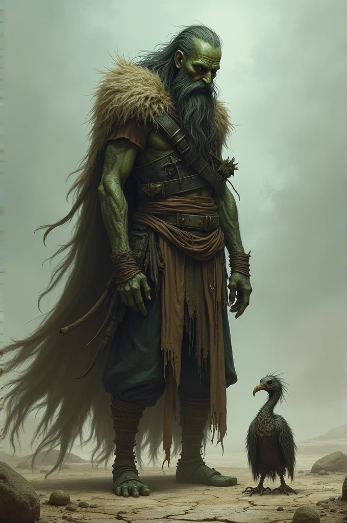 Create an image of a green Tiefling, thin man dressed in clothes made of rags and skins and who has a long thin beard, and beside it a small, dead, undead dodo bird
