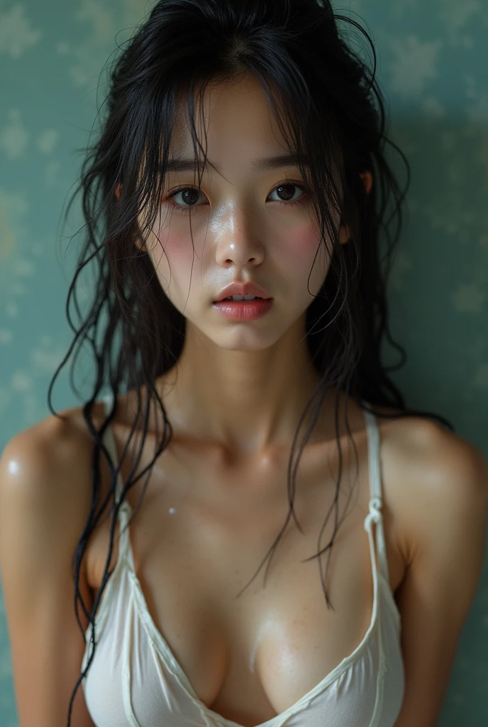 Rain makes clothes wet, naked, face down, Japanese girl, beautiful pussy