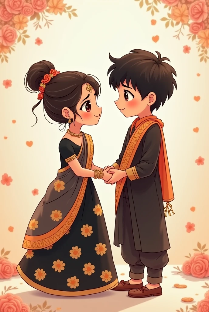 Create a cute anime marriage girl named muthu and tall boy named Darshan in Saree print their name on their black dresses