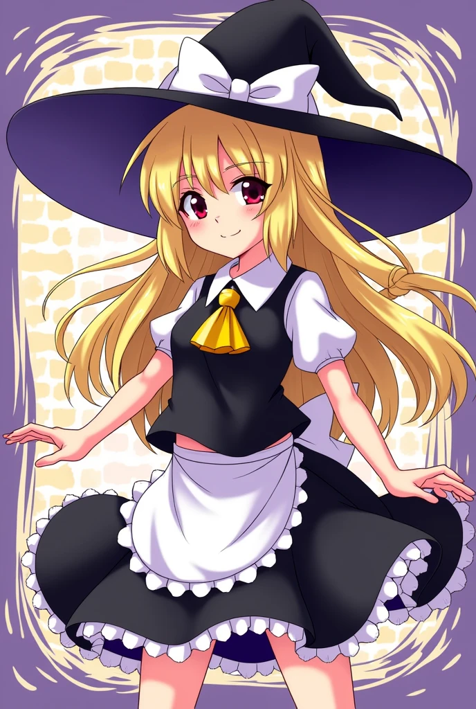With an anime-like pattern、Please draw Marisa Kirisame from the Touhou Project。I'm a wizard。Only the right side is braided。The ribbon on the hat is white.、The skirt has an apron