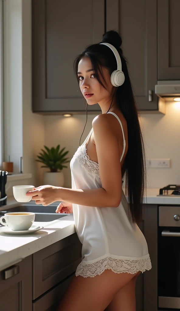 A young American white woman with long straight black hair, tall with a thigh gap, dressed in a short nightdress with lace trim, posing seductively in a modern kitchen. Her hair is slicked back in a bun, and she is wearing headphones. The kitchen has glossy cabinets, a quartz countertop, and integrated stainless steel appliances. The kitchen light softly illuminates the space, highlighting the intricate details of the scene as she holds a cup of coffee by a table with three coffee cups and a coffee maker