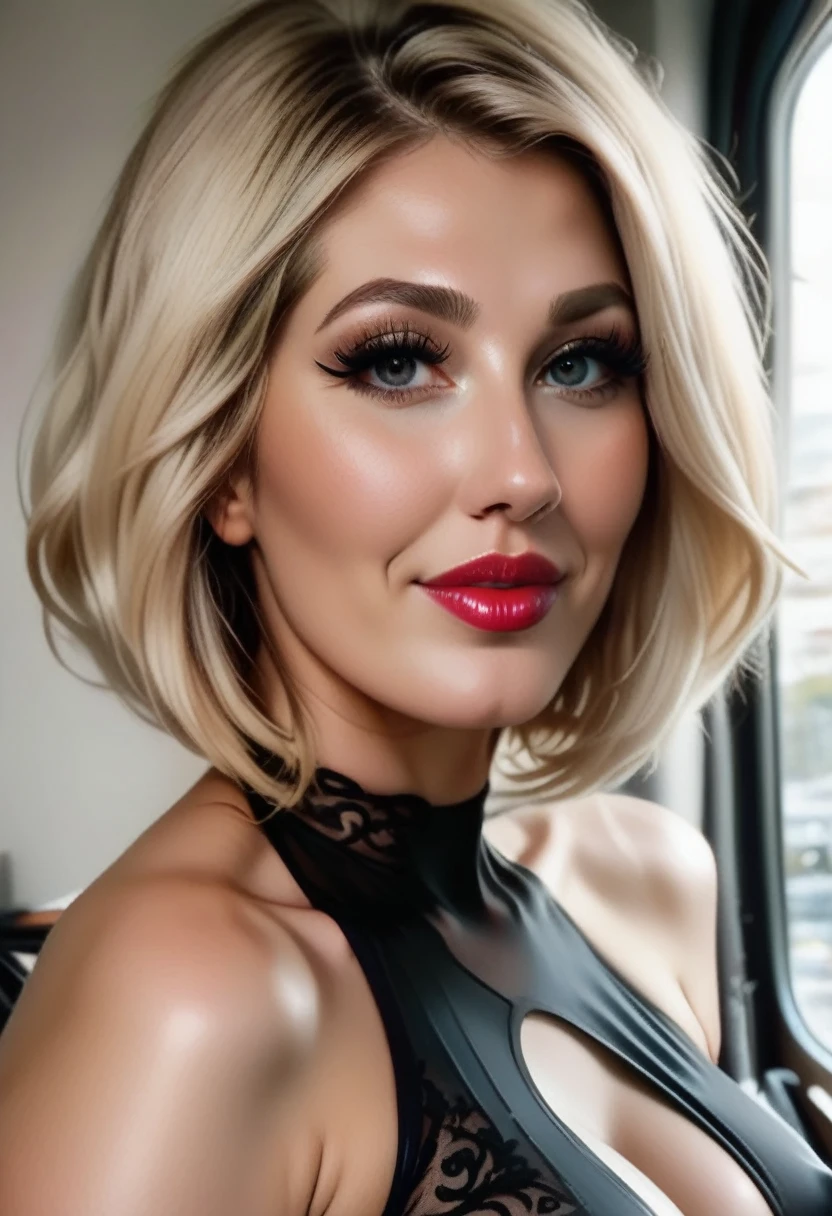 score_9, score_8_up, score_7_up, Photo realistic, 18yo, (detailed beautiful face), cute nose, glossy blonde bob haircut, (medium-large natural breasts), ((black lace cropped top, covered nipples)), sharp focus, skindentation, (looking at viewer) lipstick, ecstasy face