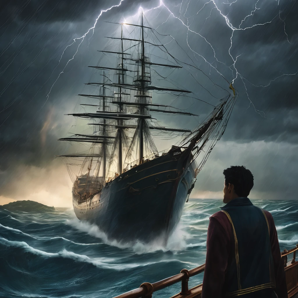 Jonah is standing on the ship while heavy strom and lightning on sea... he so scared and the fellow passengers too