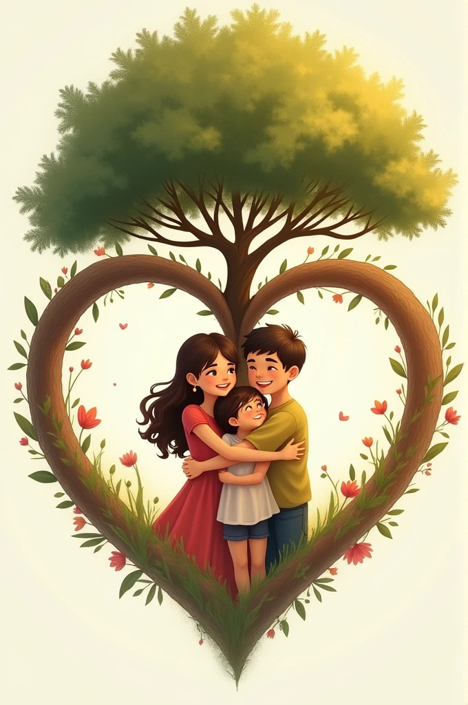 Can you sketch me a family hugging each other inside a heart with a tree on the top?