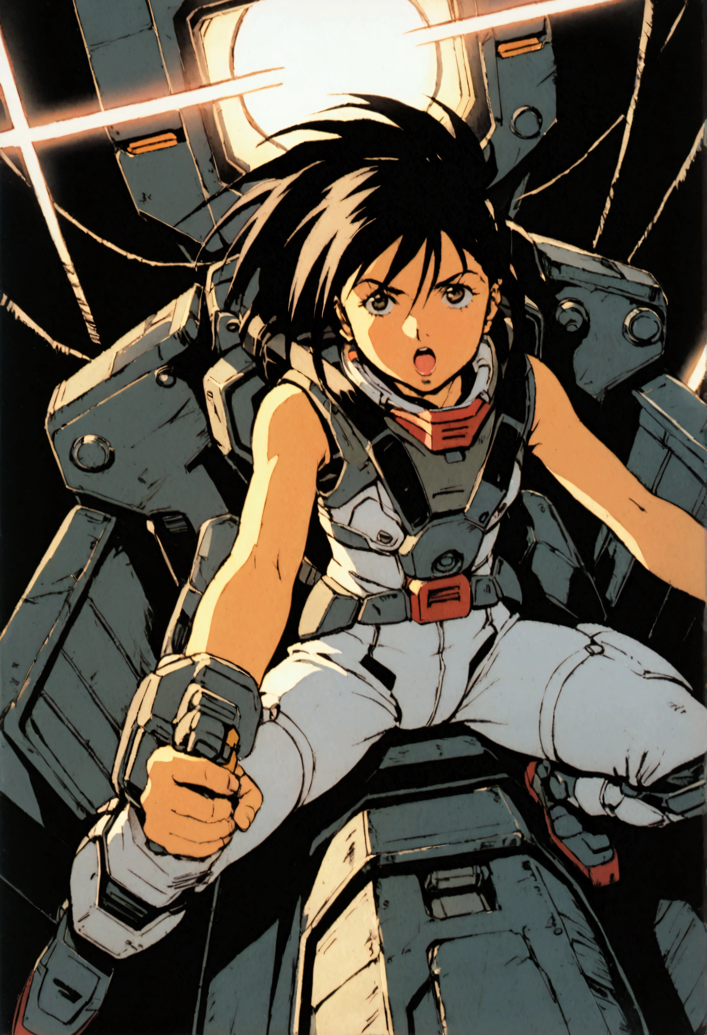 Gundam Wing Cockpit、Tatsuyuki、Futuristic Suit、22 years old、woman、solo、Black Hair、Long Hair、The meter lights up、Look diagonally upwards and shout、Dynamic pose、Shooting from above with a wide-angle lens。