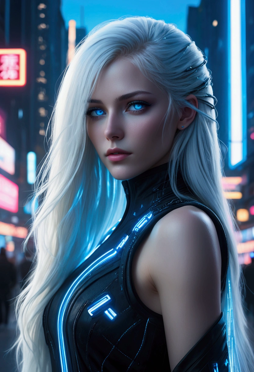 ((best quality)), ((masterpiece)), (detailed), perfect face, a beautiful woman with white long hair and a sky blue reflection, she has a tufted fringe, she has sky blue eyes in a cyberpunk city with sky blue lights, she has total black clothes with some neon sky blue lights on it, Total body.