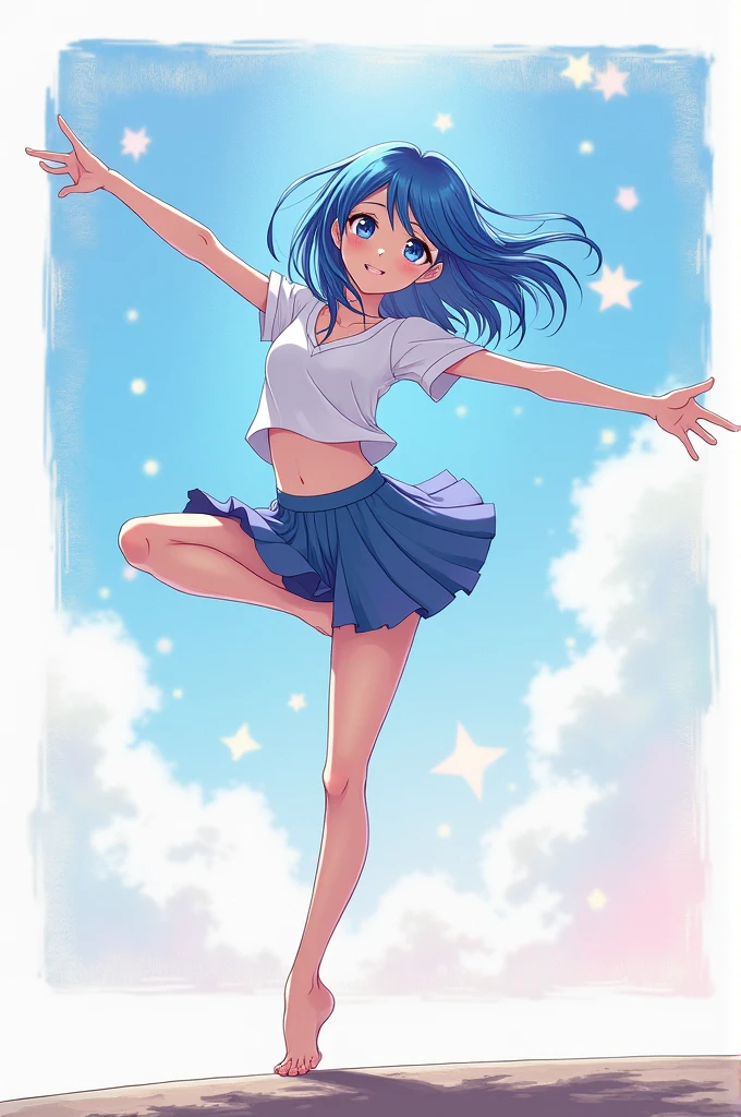 Blue-haired girl in anime style doing the splits
