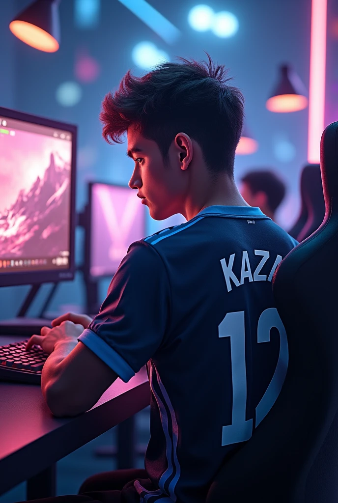 A young man gamer wearing esports jersey with a name "K A Z E" at the back