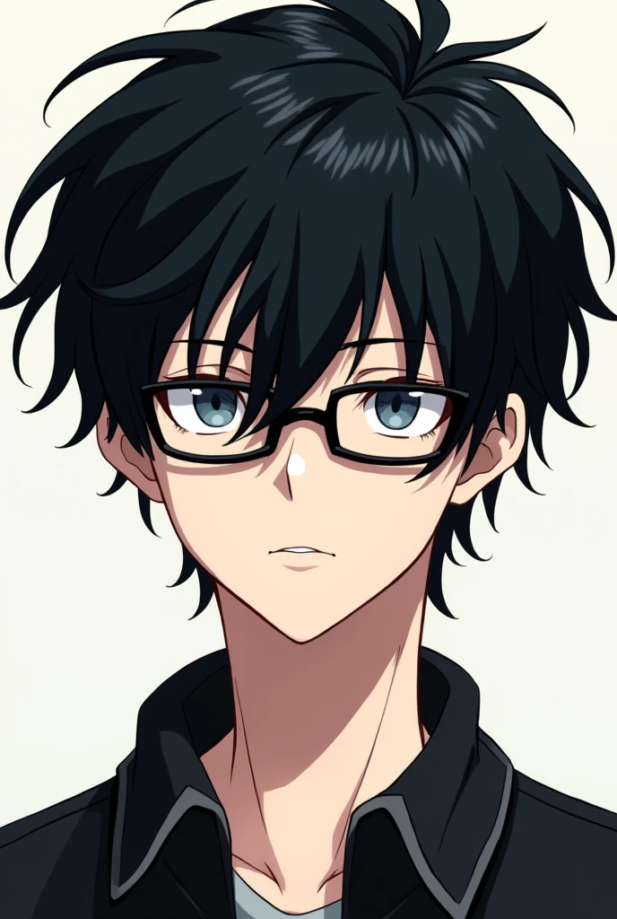 male, White skin, Black hair messy、Wear glasses 、Anime Style