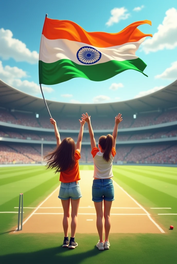 Create cricket pitch 2 girls are waving indian tricolor flag after match