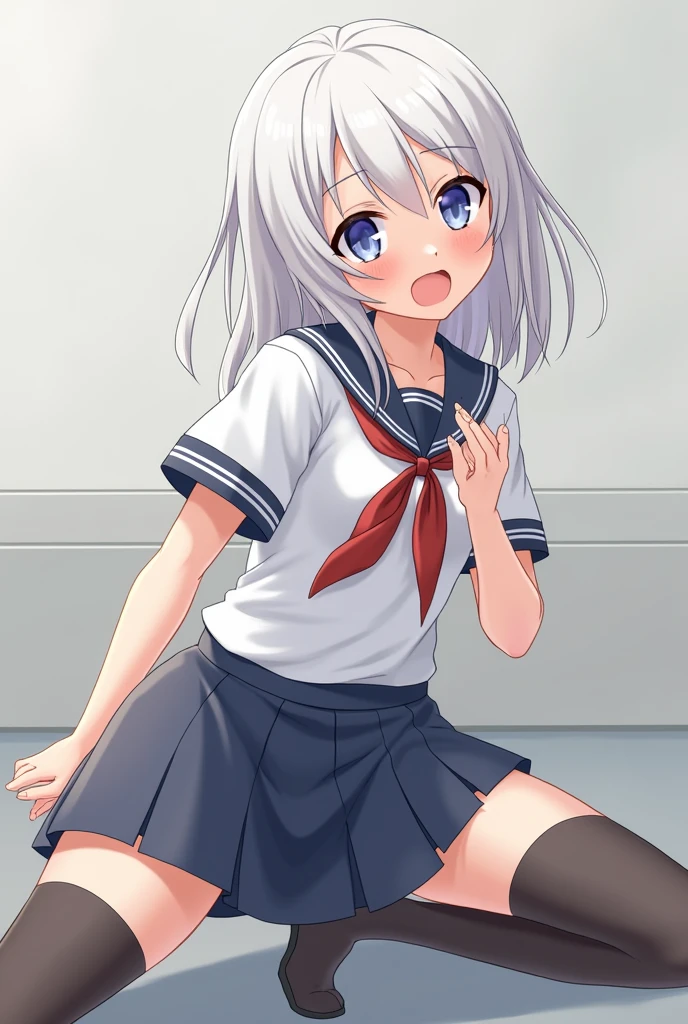 A japan girl with whita medium long hair and medium breasts with school uniform with short skirt with stocking on her legs stretched out, taking an anime photo