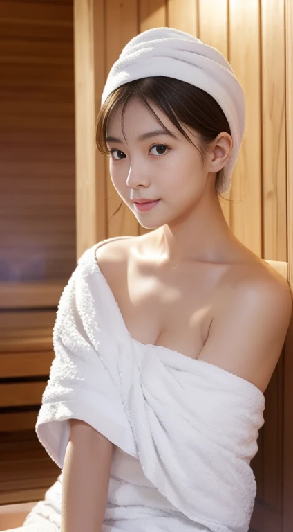 1Girl, Solo, (Masterpiece, Best Quality, 8K,,Photorealistic, real girl, mulberry:1.37), looking up at viewer, 18-year-old dainty Japan, Slender body type: 1.1, Small breasts, Sitting, sauna, Double eyelids, Droopy Eyes, A dark-haired, (Sweaty face, Sweaty body: 1.2): 0.2, (White oversized towel cloth dress, strapless), (small in size, White Towel Turban: 1.1), Finnish sauna, realistic body, makeups, Gloss slip, focus on face, smaller face, Sharp focus, Layered Cut, facing the viewer, The sauna has the following., shot from the front