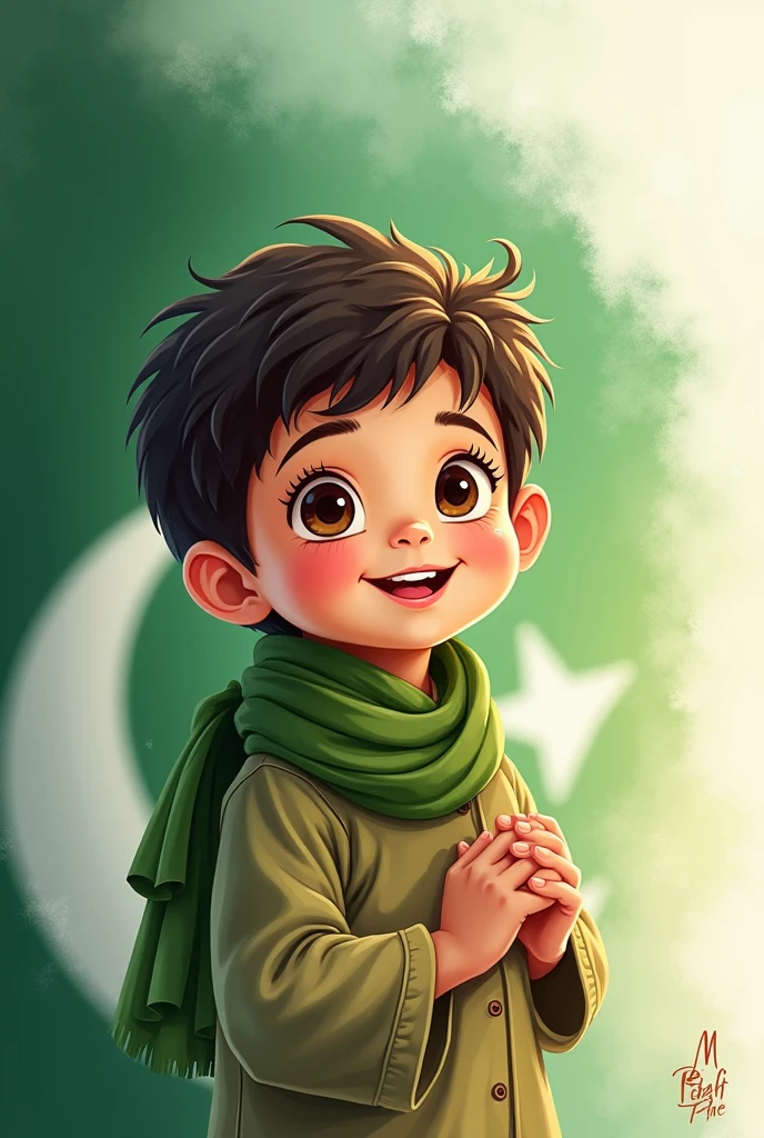 Create a cute baba boy picture and write a Happy independence day from Mustafa on picture's background with Pakistan flag