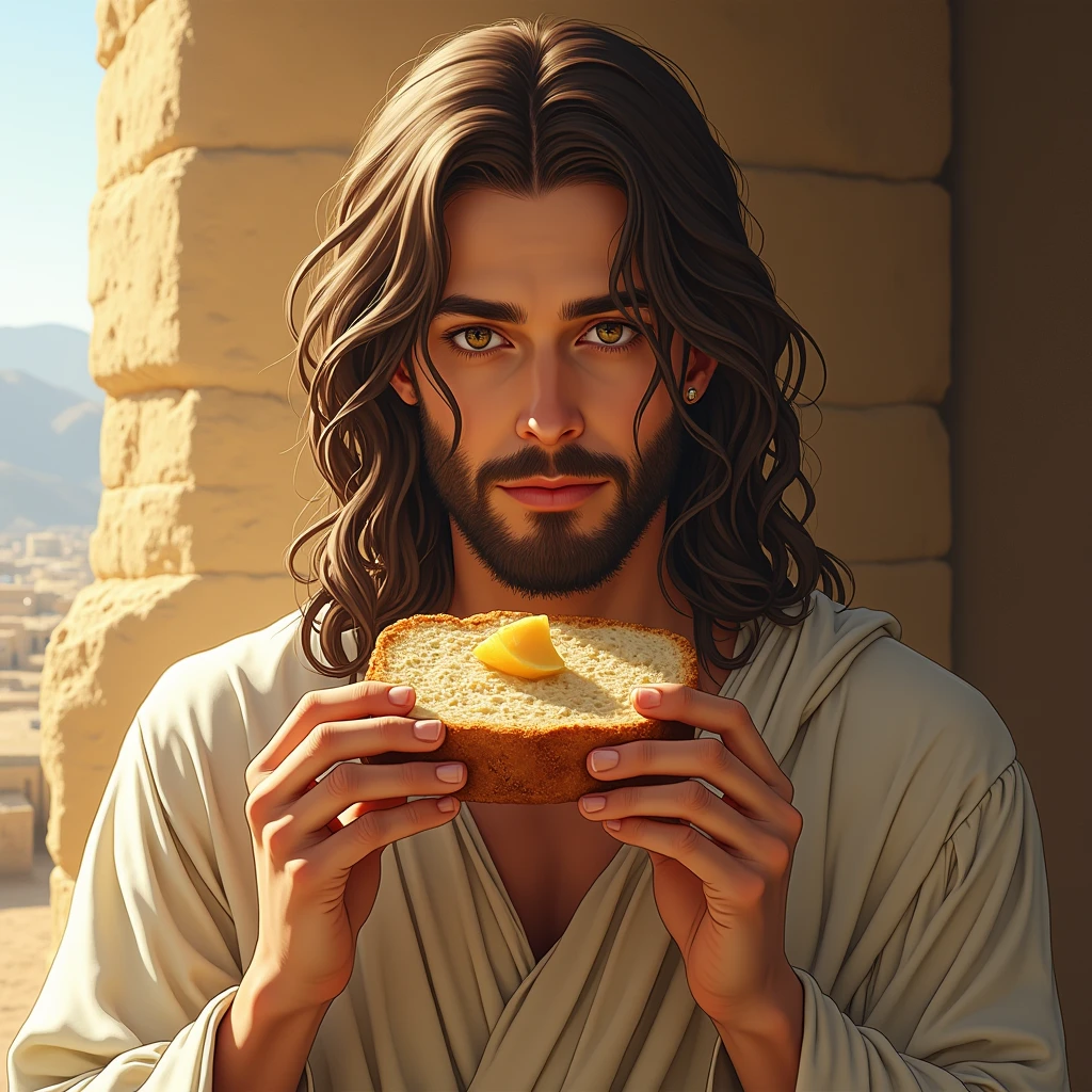 1 person, Realistic, masterpiece, Highest quality, beautiful, Detailed eyes and detailed face,Natural light, Israel 2000 years ago, linen clothing, Long brown hair, Gentle Wave,Brown eyes, Charm, Pushed down, Beautiful Youth,relaxing, Jesus,Eating bread with relish,Sunbeam, Japanese fan art style illustrations,