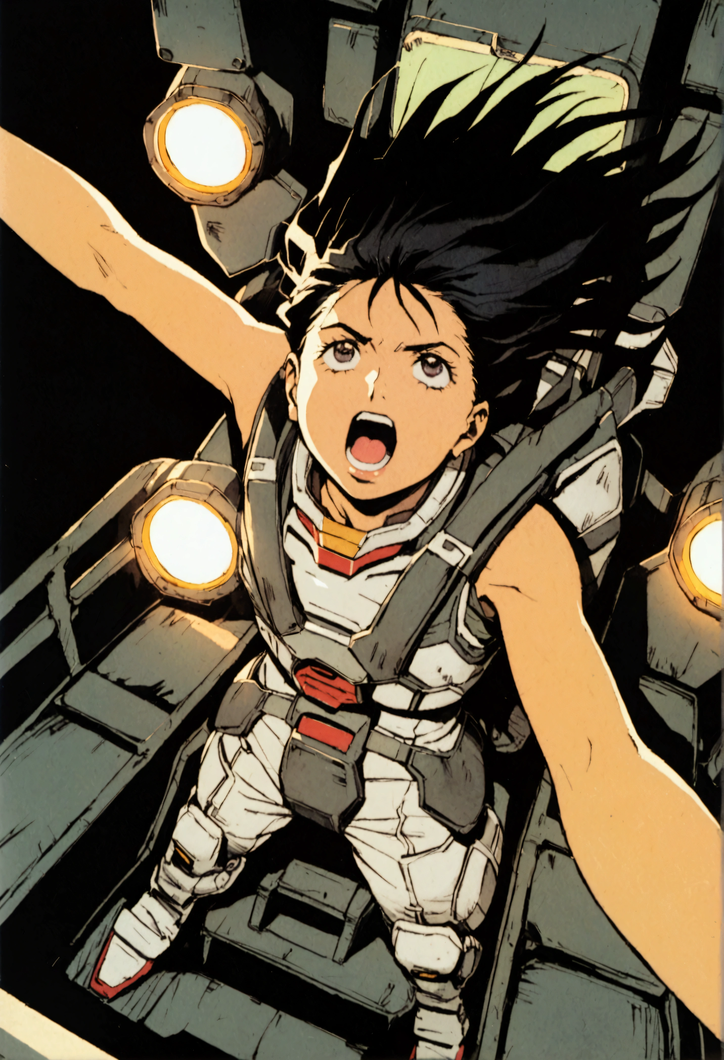 Gundam Wing Cockpit、Tatsuyuki、Futuristic Suit、22 years old、Beautiful woman、solo、Black Hair、Long Hair、The meter lights up、One person、Look up and scream、Dynamic pose、Shooting from above with a wide-angle lens。