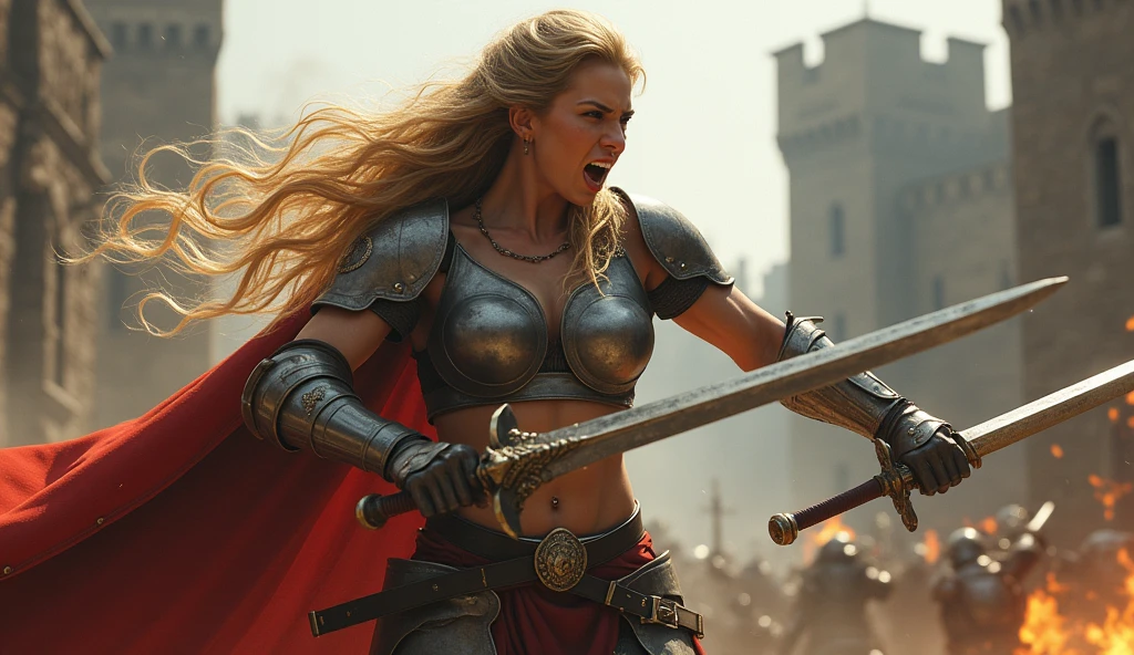 8 K, Best quality, a high resolution, realistic, a real man, Dynamic scene of a fierce and muscular female knight with golden hair., wears light armor, exposing her muscular stomach and arms, caught in the moment, as she swung her massive sword and screamed furiously. She is in the midst of battle, the tense expression on her face, reflecting her battle cry, with an ancient castle and the chaos of a siege in the background.
