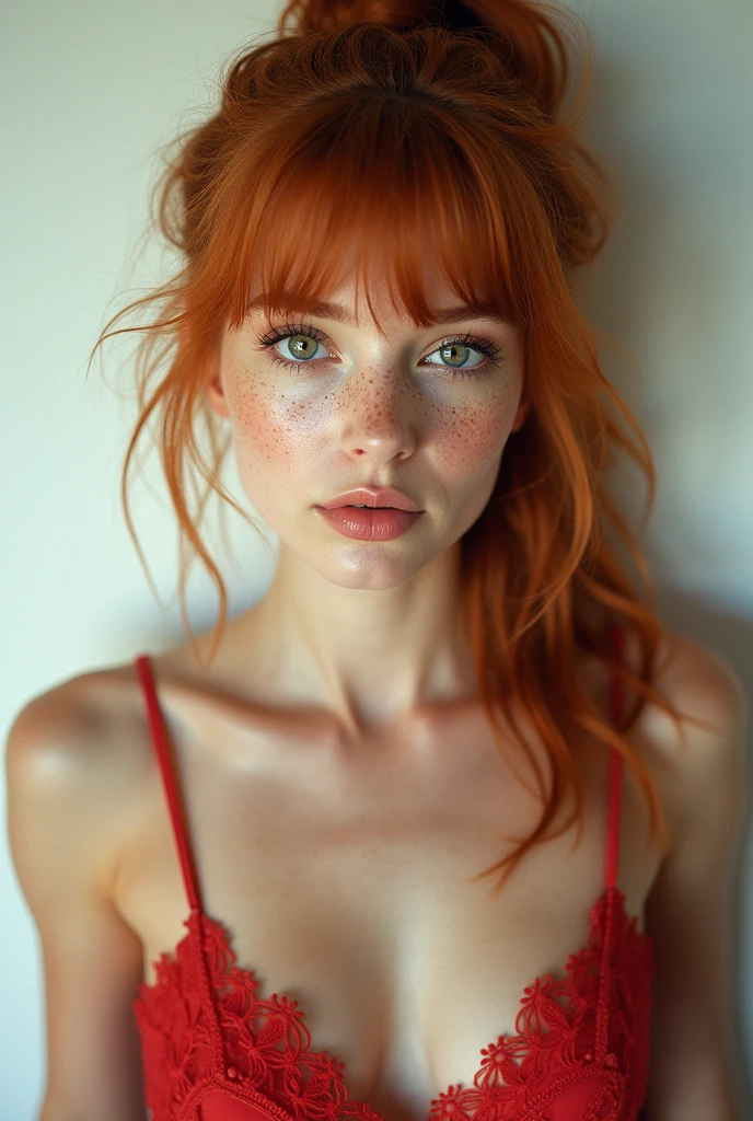 (Large breasts:1.4), Light coloured eyes, (Jessica chastain,:0.8), beautiful average looking woman, dress, (looking at the camera:1.4), (highest quality), (best shadow), intricate details, interior, (ginger hair:1.3), white studio, rich colors, freckles, cleavage ,(ponytail:1.4), wavy hair, (bangs:1.4), ultra realistic photo, masterpiece, Polaroid, Kodak portra 800, dof 85mm, bokeh, (thick body :1.2),