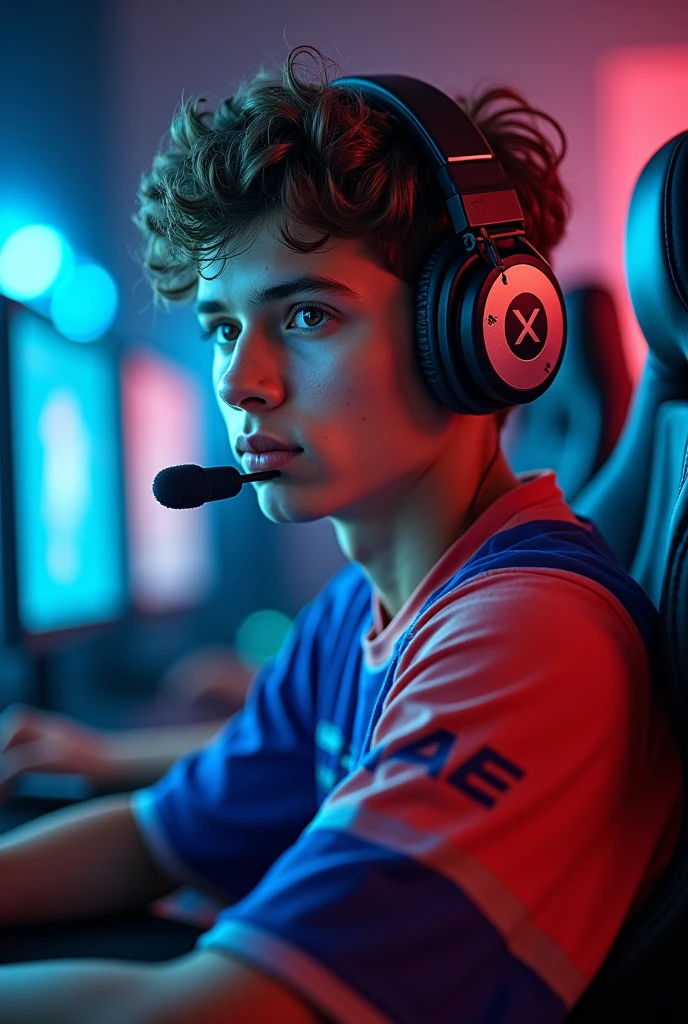 A young man gamer wearing gaming headphones and esports jersey with a name "K A Z E" at the back