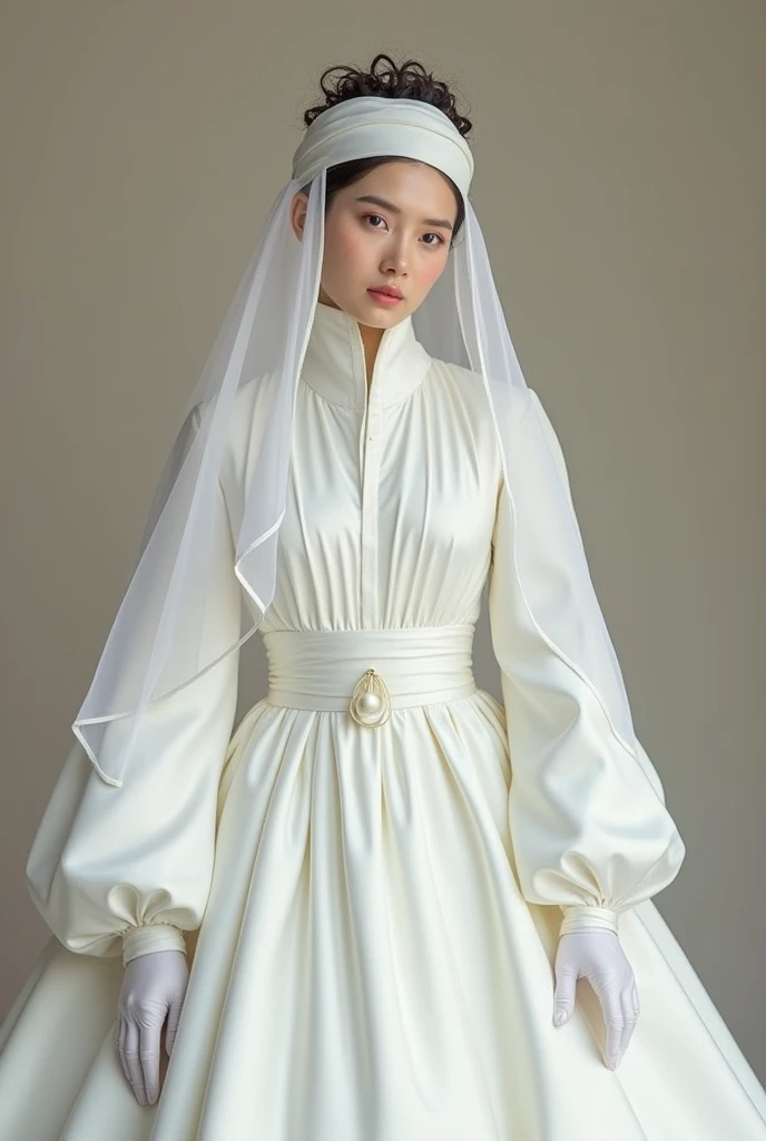 Wearing a huge, revealing wedding dress。White satin full finger glove、"Shoulders and neck、A turtleneck that covers your mouth 360 degrees。"Everything is connected。She was wearing a white wedding kimono over her wedding dress.、A cotton cap is placed over the top of the wedding veil.。