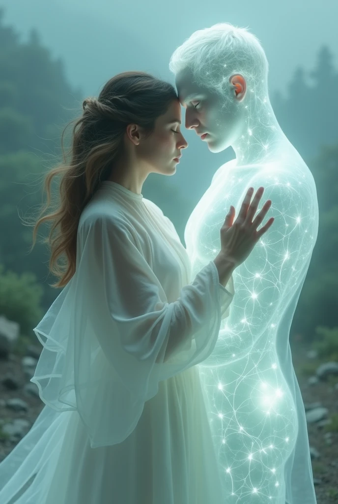 A woman hugging a transparent man