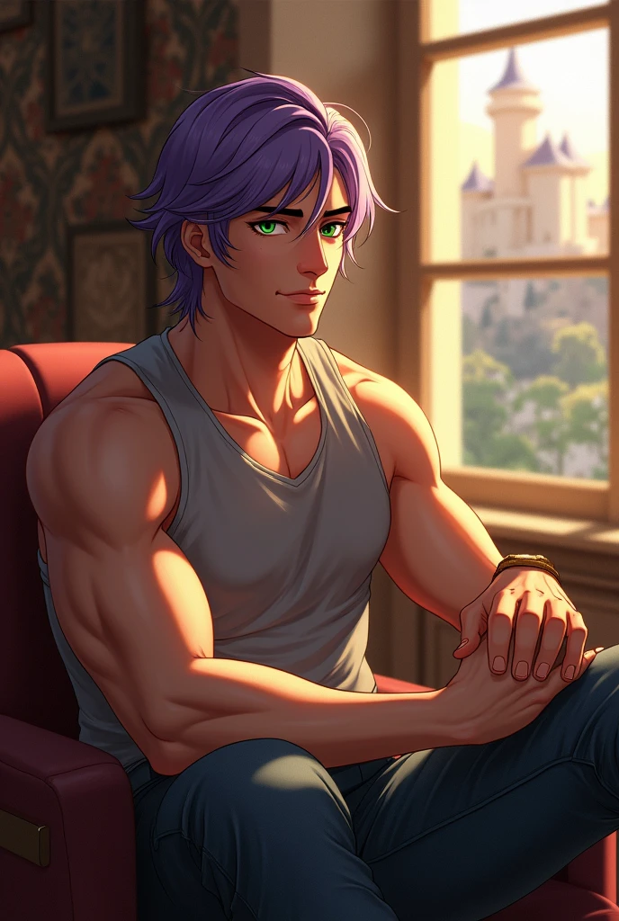 (photorealism:1.2), handsome man, sitting on chair, wearing gray tank top, jeans, mid-long violete curly hair, violete eyelashes, green eyes, indoors, soft lighting, the window of a castle with sunlight, relaxed pose, realistic, intricate details, warm colores, tan skin.
