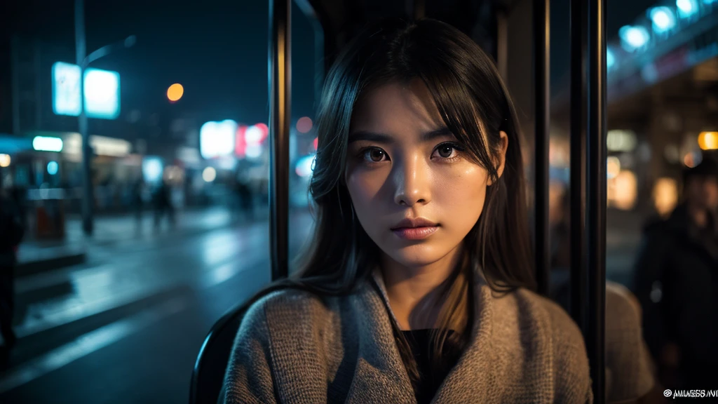 a beautiful japanese girl, sexy girl in a bus stop, dark cloudy sky, photo realistic, 8k, HDR, highly detailed, cinematic lighting, dramatic mood, beautiful detailed eyes, beautiful detailed lips, extremely detailed face, long eyelashes, elegant fashion, thoughtful expression, cityscape in the background, moody atmosphere, realistic skin texture, volumetric fog, dramatic shadows, vibrant colors, cinematic composition
