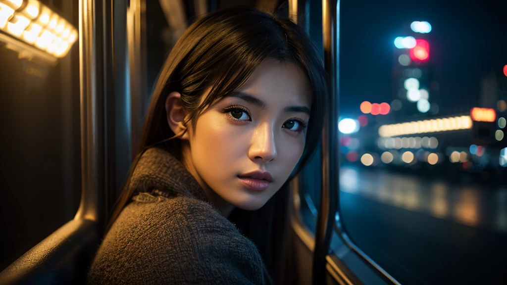 a beautiful japanese girl, sexy girl in a bus stop, dark cloudy sky, photo realistic, 8k, HDR, highly detailed, cinematic lighting, dramatic mood, beautiful detailed eyes, beautiful detailed lips, extremely detailed face, long eyelashes, elegant fashion, thoughtful expression, cityscape in the background, moody atmosphere, realistic skin texture, volumetric fog, dramatic shadows, vibrant colors, cinematic composition