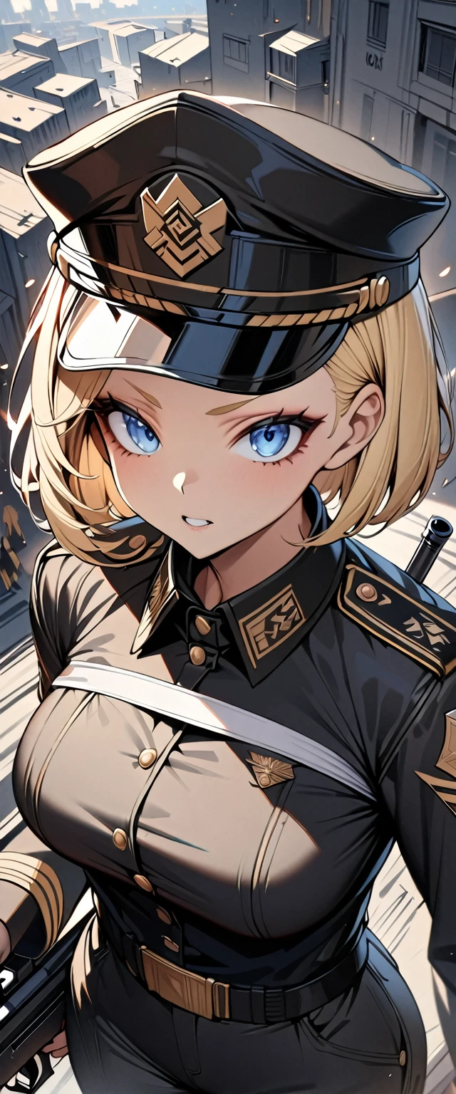 Bobcut　Blonde　forehead　soldier　Nazis　uniform　Officer　陸軍Officer　Black costume　Army Costume　Army Caps　Long sleeve　Long trousers　From above　((Loose-fitting clothing))　Holding a gun　Holding a sniper rifle　((Upper Body))　Big eyes　Blue eyes　Highest quality　Super detailed　detailed woman　High quality　8k　