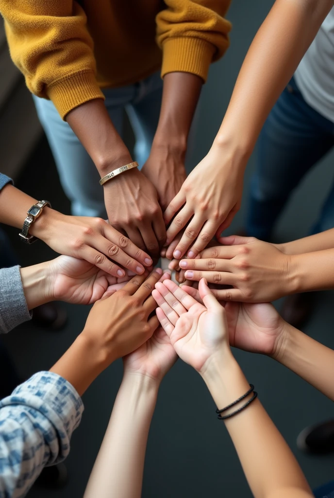 Group hands on top of each other of diverse multi-ethnic and multicultural people.Diversity people. Concept of teamwork community and cooperation.Diverse culture.Racial equality.Oneness