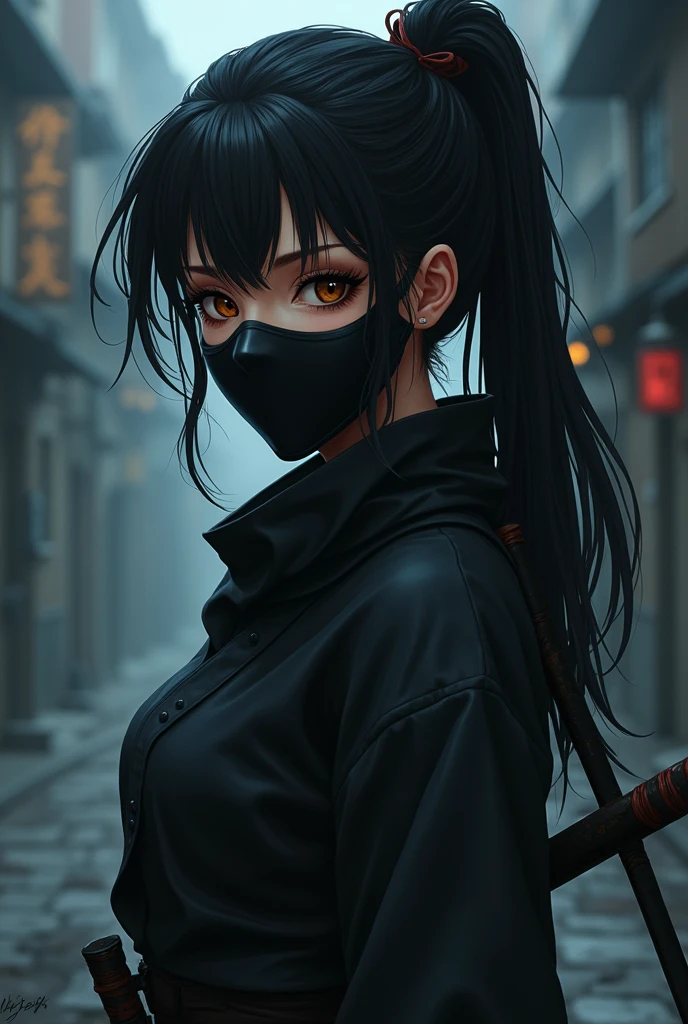 An anime black woman ninja who wear mask,has ponytail hair