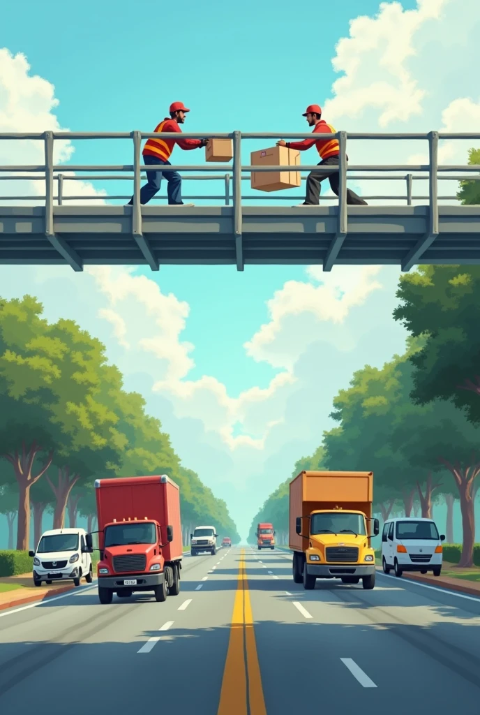 In a single straight lane cars are moving forward and one member passing boxes through overhead pedestrian bridge to another member who stand opposite