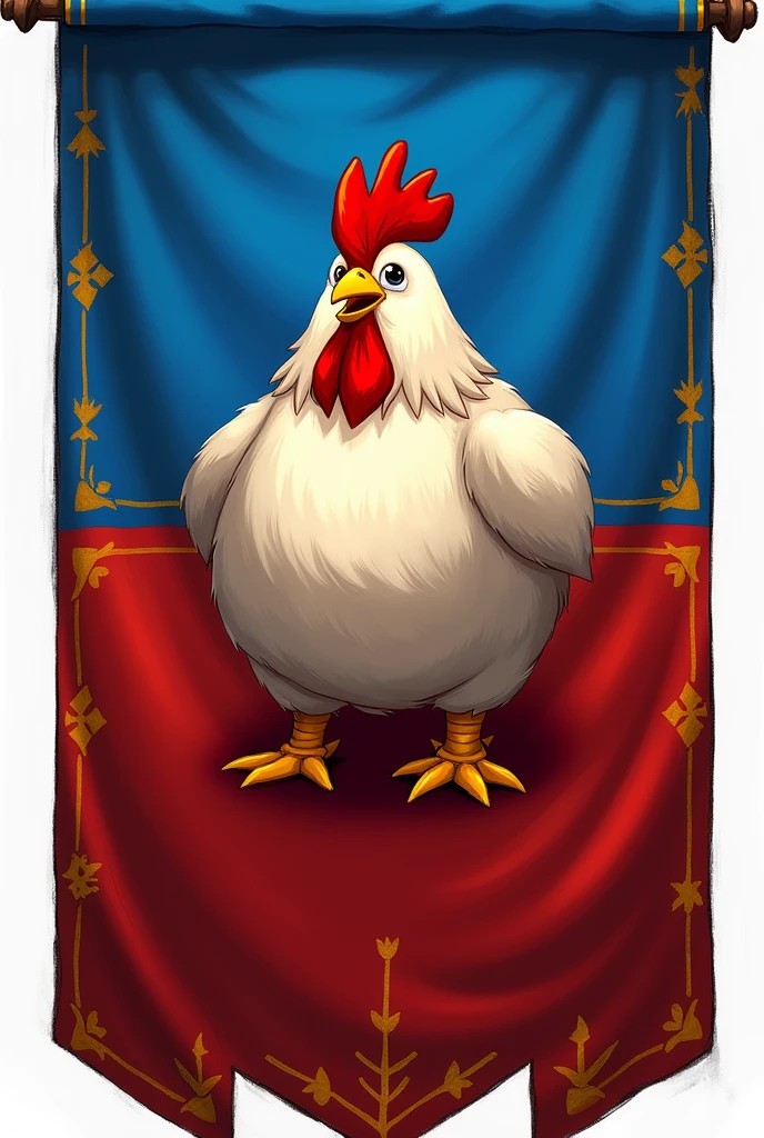 Give me a blue and red Albion online guild flag with a chicken inside the flag 