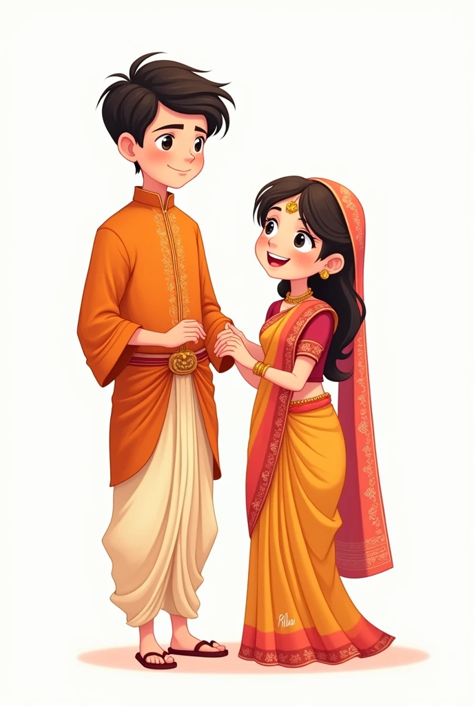 Create a cute anime marriage girl named muthu in Saree write her name and tall boy named Darshan in dhoti write his name on their white dresses