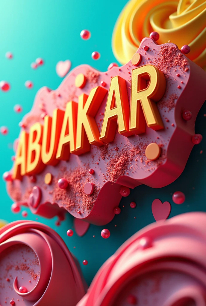 elegant 3D typography with an elegant technology and and fine programing languages with sparkles of turquoise ,red and yellow colors and girly with the name "ABUBAKAR", photo, typography, vibratv0.1, graffiti, illustration, photo, fashion, 3d render, typography.