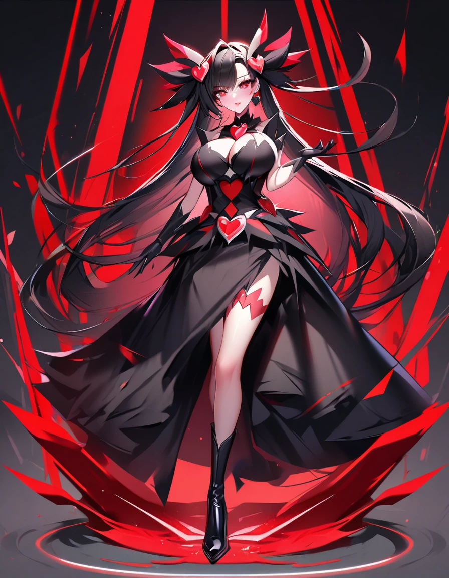 cure devil(magical girl, cool beauty, big breast, feather motif hair accessory, straight long black hair, red eyes, black long dress, black short boots, black opera gloves)