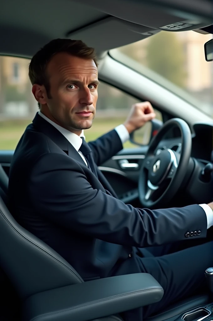 Emmanuel Macron in a Clio 3