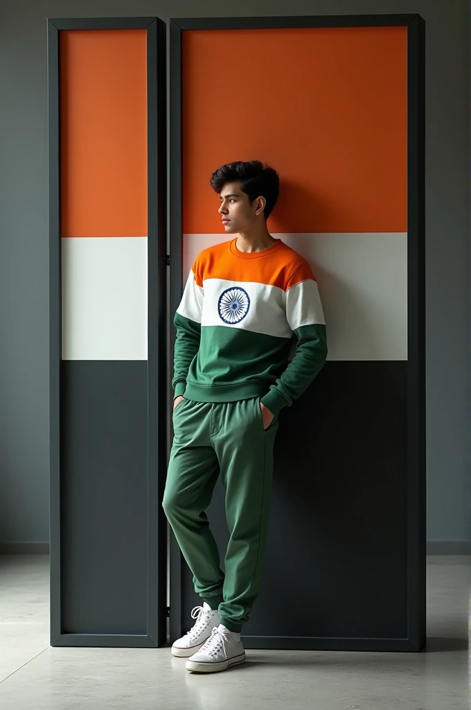 The black-haired real Indian 16-year-old boy is wearing a casual outfit including a india flag sweatshirt, jogger pants and sneakers. The man is leaning on a large bright tricolor letter ‘SUHAIL’, which is black with white accents. The overall color scheme is minimal, focusing on the colors of the tricolor. The scene has a modern and clean aesthetic, with soft darks and subtle shadows