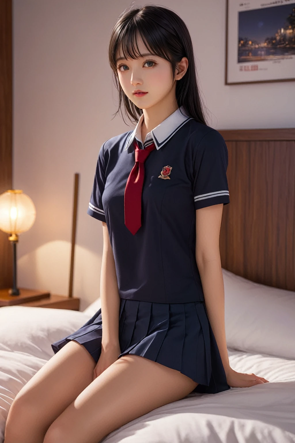 (masterpiece, Highest quality:1.5), (Super detailed, High resolution, 8k, Beautiful details, 超High resolution, Best Anatomy), Black Hair, Small breasts, 1 high school girl, barefoot, Bedroom, night,  flare skirt, Short sleeve shirt, Red thin tie, close your eyes, Put your head on the pillow, Lying in bed, Side Angle