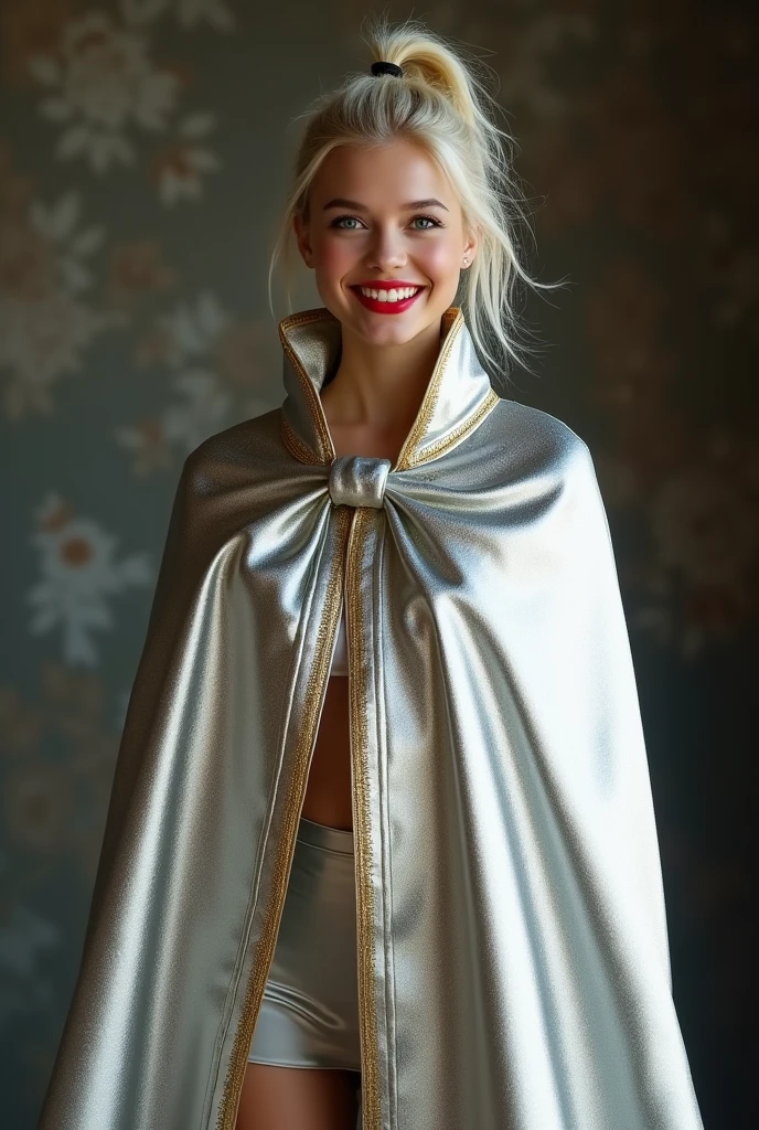 Floor length high collar shiny Silver and gold lined cloak tied at the neck , breathtakingly beautiful smiling girl  in her 20s, platinum blonde hair, ponytail,  blue eyes , red lips , mini skirt , full length shot , 8K , ultrarealistic, film grain