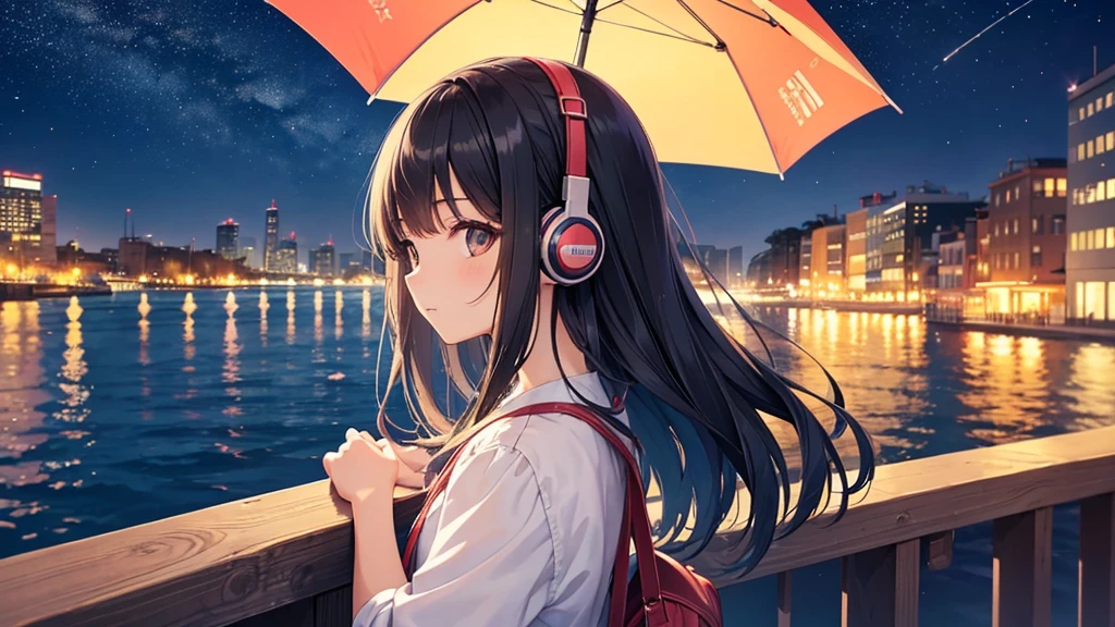Enjoy boat racing at Suminoe Boat Races。A young girl with black hair wearing stylish clothes and headphones labeled "lo-fi" The girl is shown in profile, gazing into the distance with a calm, relaxed expression Background depicts the iconic scenery of Namba, Osaka at night, without any text on signs A starry night sky adding to the peaceful atmosphere Overall mood is quiet and serene, perfect for lo-fi music Detailed hair rendering and careful attention to the girl's fashionable outfit The entire scene should evoke a relaxing, introspective feeling associated with lo-fi music