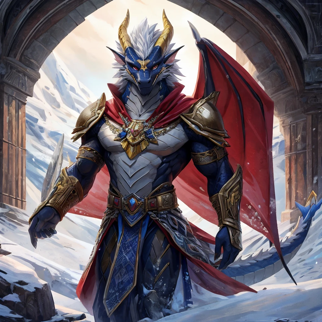 A majestic anthro ice dragon, the embodiment of power and nobility, standing proudly in a snow-covered landscape of the Ice Dragon Kingdom. This creature, 7.3 feet tall, is a striking vision with its muscular body adorned in a mix of black scales and purple plates, each one shimmering in the cold light like a crystalline tapestry. Its long, flowing white hair frames a stoic face that exudes an air of wisdom and battle-hardened experience, a stark contrast to the fiery intensity in its uncovered left eye. The right eye, however, is obscured by a leather eye patch, hinting at tales of valor and loss. The dragon wears a set of gleaming gold plate armor, which fits snugly to its body, emphasizing its physical prowess and royal lineage. A crimson cape, billowing dramatically in the icy breeze, is clasped at the shoulder with an intricate gold brooch, the color of freshly spilled blood against the stark whiteness of the snow. At its waist, a black sword of the champion rests, the weapon of choice for a leader who is as adept at diplomacy as he is in combat. Above the eye patch, a golden laurel wreath sits upon the dragon's head, a symbol of victory and the ultimate mark of respect among the dragonkind. The dragon's bare left arm, a testament to its fearlessness, is flexed, revealing scales that are as smooth as marble and as durable as steel. This is not just any creature; this is the rightful prince, the Commander of the Imperial Guard, a leader who has earned his place through valor and strategy, ready to protect and serve his kingdom with every breath he takes.