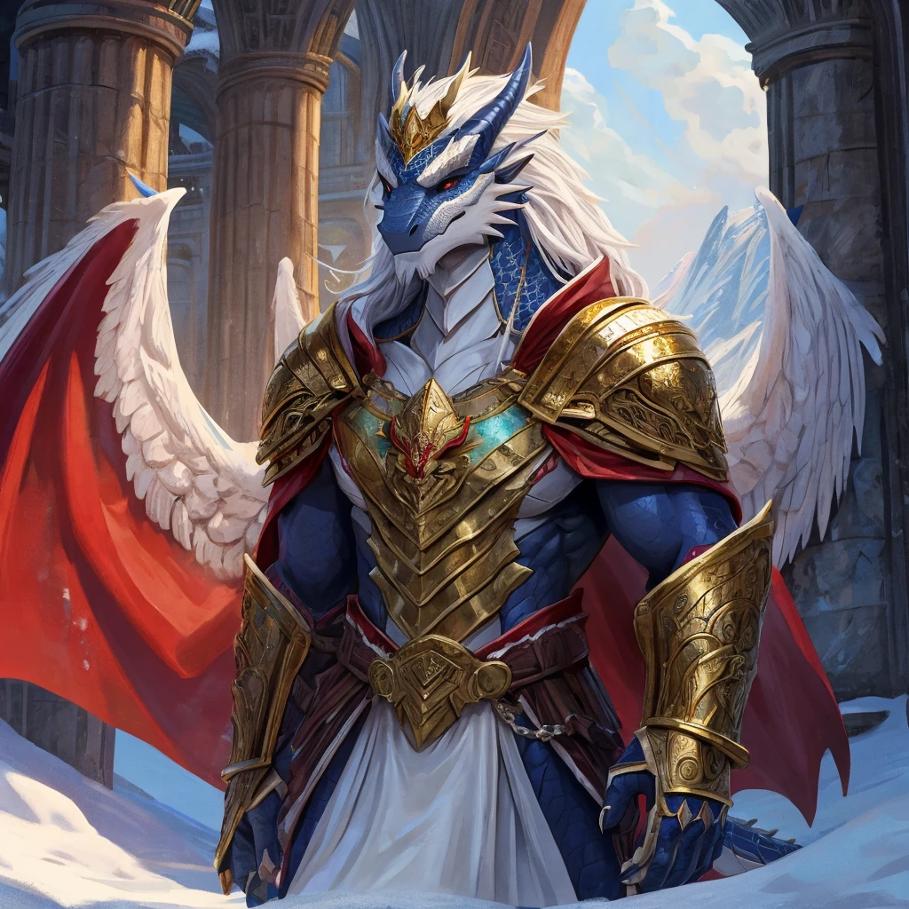 A majestic anthro ice dragon, the embodiment of power and nobility, standing proudly in a snow-covered landscape of the Ice Dragon Kingdom. This creature, 7.3 feet tall, is a striking vision with its muscular body adorned in a mix of black scales and purple plates, each one shimmering in the cold light like a crystalline tapestry. Its long, flowing white hair frames a stoic face that exudes an air of wisdom and battle-hardened experience, a stark contrast to the fiery intensity in its uncovered left eye. The right eye, however, is obscured by a leather eye patch, hinting at tales of valor and loss. The dragon wears a set of gleaming gold plate armor, which fits snugly to its body, emphasizing its physical prowess and royal lineage. A crimson cape, billowing dramatically in the icy breeze, is clasped at the shoulder with an intricate gold brooch, the color of freshly spilled blood against the stark whiteness of the snow. At its waist, a black sword of the champion rests, the weapon of choice for a leader who is as adept at diplomacy as he is in combat. Above the eye patch, a golden laurel wreath sits upon the dragon's head, a symbol of victory and the ultimate mark of respect among the dragonkind. The dragon's bare left arm, a testament to its fearlessness, is flexed, revealing scales that are as smooth as marble and as durable as steel. This is not just any creature; this is the rightful prince, the Commander of the Imperial Guard, a leader who has earned his place through valor and strategy, ready to protect and serve his kingdom with every breath he takes.