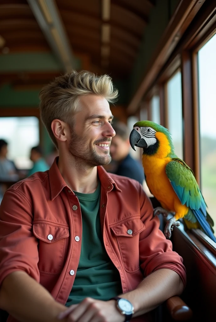 Young handsome and cute white-faced man, handsome 27 year old man riding on a vintage train with a parrot on his shoulder